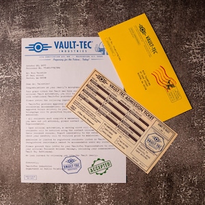 May include: A white Vault-Tec Industries letter with blue text, a yellow envelope with a red postmark, and a tan admission ticket. The letter includes a Vault-Tec logo, address, and an accepted stamp. The ticket displays personal data for Nick Valentine.