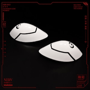Asuka Langley and Rei Ayanami Hair Clip Interface Headset Set inspired by Neon Genesis Evangelion. Fan-made 3D printed cosplay prop accessories with glossy red and white finish, detailed black panel lines, and durable metal hair clips. Perfect for Evangelion cosplay, anime conventions, photoshoots, costume accessories, display collections, fan gifts, and collectors. Unofficial handmade accessory inspired by the iconic anime series.