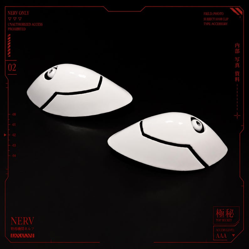 Asuka Langley and Rei Ayanami Hair Clip Interface Headset Set inspired by Neon Genesis Evangelion. Fan-made 3D printed cosplay prop accessories with glossy red and white finish, detailed black panel lines, and durable metal hair clips. Perfect for Evangelion cosplay, anime conventions, photoshoots, costume accessories, display collections, fan gifts, and collectors. Unofficial handmade accessory inspired by the iconic anime series.