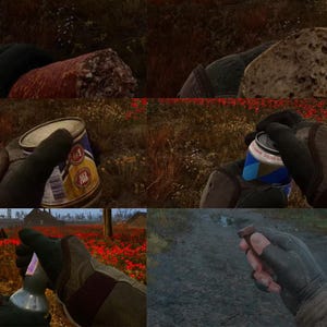May include: A collage of images showing hands wearing gloves interacting with various items. These include a sausage, a loaf of bread, a can of beer, a bottle, and a small object. The setting appears to be outdoors.
