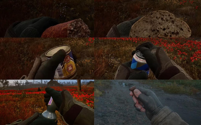 May include: A collage of images showing hands wearing gloves interacting with various items. These include a sausage, a loaf of bread, a can of beer, a bottle, and a small object. The setting appears to be outdoors.