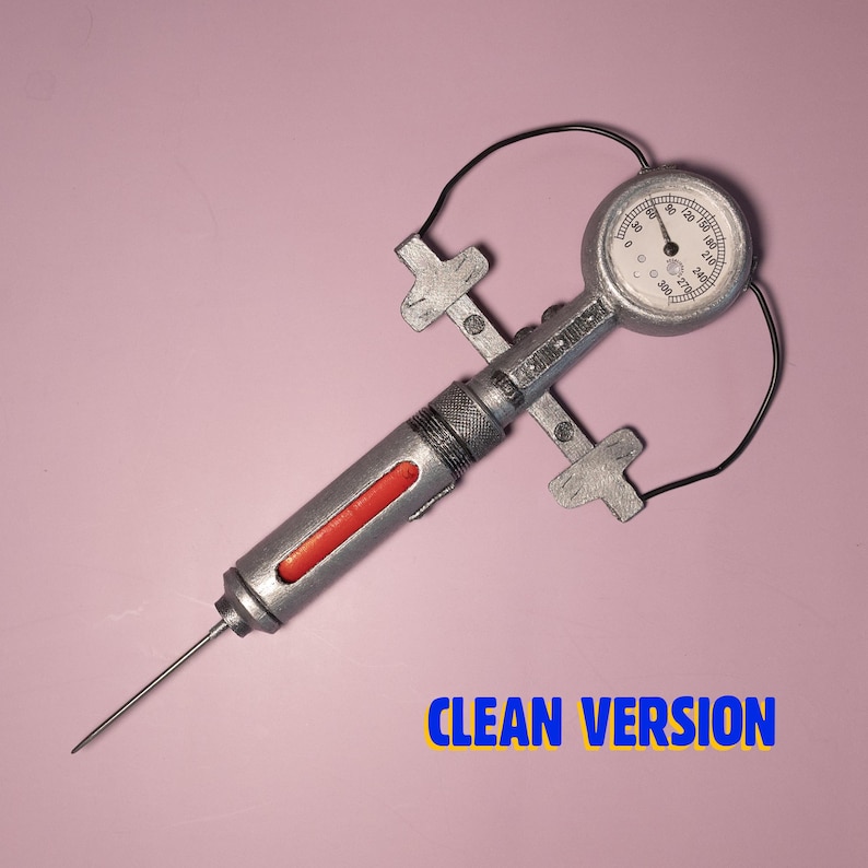 May include: A silver and red syringe-shaped device with a gauge and the text "CLEAN VERSION" in blue and yellow. The device has a needle and two black wires. The background is a solid pink color.