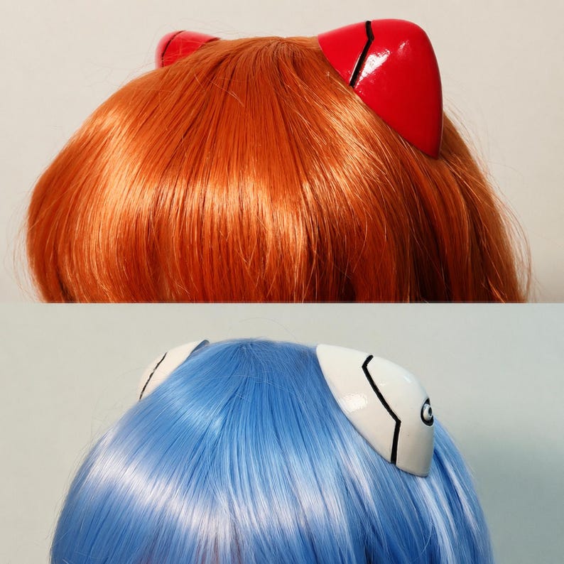 Asuka Langley and Rei Ayanami Hair Clip Interface Headset Set inspired by Neon Genesis Evangelion. Fan-made 3D printed cosplay prop accessories with glossy red and white finish, detailed black panel lines, and durable metal hair clips. Perfect for Evangelion cosplay, anime conventions, photoshoots, costume accessories, display collections, fan gifts, and collectors. Unofficial handmade accessory inspired by the iconic anime series.