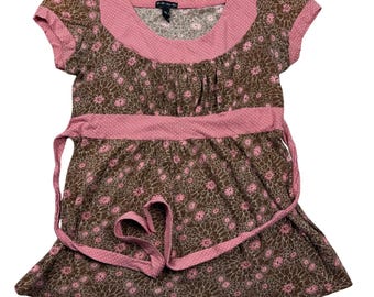 VTG Y2K Fang Babydoll Floral Polka Dot Top Brown Pink Size Large Short Sleeve