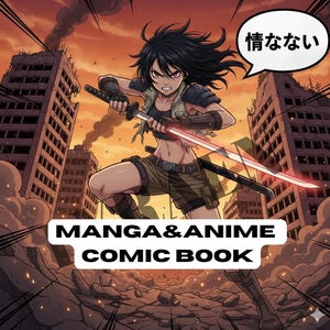 Puede incluir: Portada de cómic manga y anime. Un personaje femenino con cabello negro y ojos rojos empuña dos espadas en un entorno postapocalíptico. El texto "MANGA & ANIME COMIC BOOK" se muestra en la parte inferior.