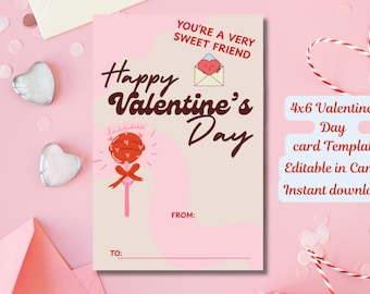 Biglietto di San Valentino stampabile con lecca-lecca, modello per scambio di biglietti in classe (4x6 pollici, modificabile in Canva)