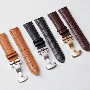 Genuine Cowhide Leather Watch Strap Brown with Gold Butterfly Clasp, Crocodile Embossed Replacement Band
