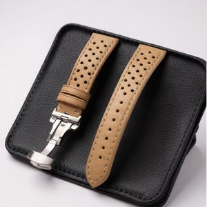 Perforated Leather Watch Strap, Racing Style Cowhide with Butterfly Clasp, Mens Sport Handmade, 18mm 20mm 22mm, Dad Gift image 12