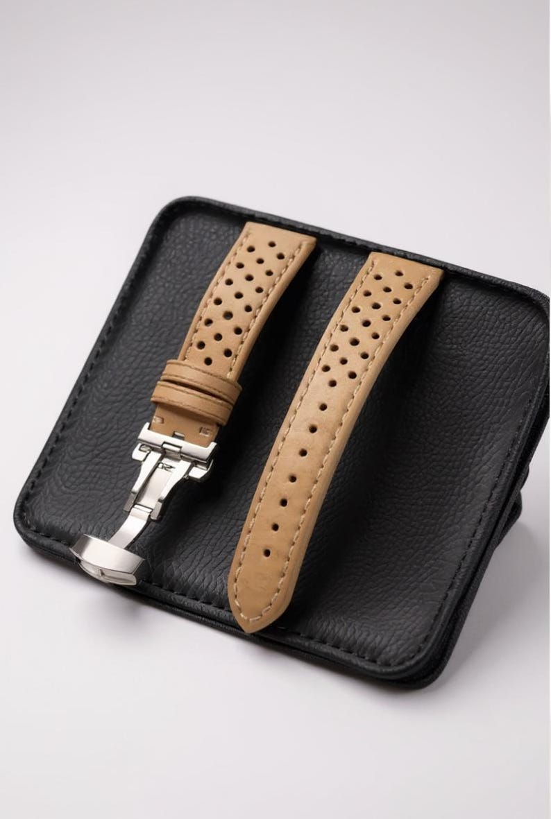 Perforated Leather Watch Strap, Racing Style Cowhide with Butterfly Clasp, Mens Sport Handmade, 18mm 20mm 22mm, Dad Gift image 12