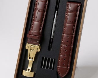 Echtes Rindsleder Uhrenarmband schwarz mit goldfarbenem Schmetterlingsverschluss, Krokoprägung Ersatzband
