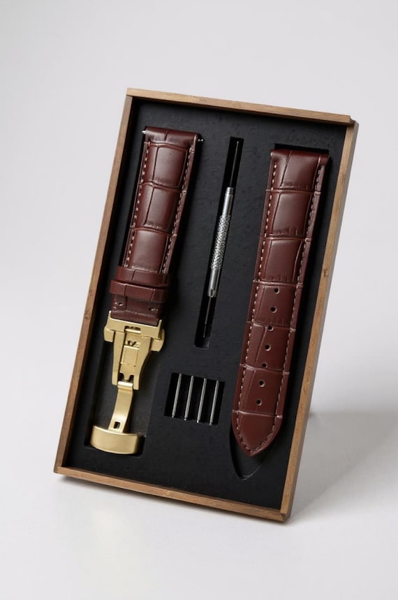 Genuine Cowhide Leather Watch Strap Black with Gold Butterfly Clasp, Crocodile Embossed Replacement Band