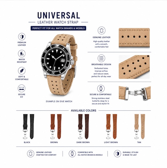 Perforated Leather Watch Strap, Racing Style Cowhide Band, Butterfly Clasp, Mens Sport Replacement, 18mm 20mm 22mm, Dad Gift