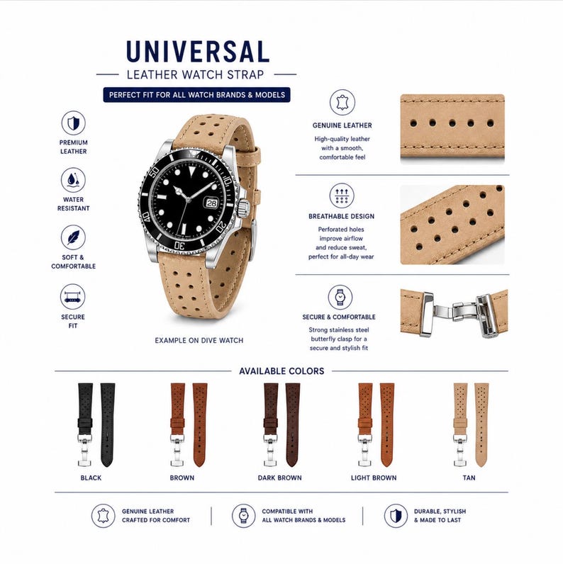 May include: A tan leather watch strap with a perforated design and a stainless steel butterfly clasp. The strap is shown attached to a black-faced dive watch, with additional color options including black, brown, dark brown, and light brown.
