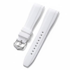 K&ouml;nnte beinhalten: Ein wei&szlig;es Silikon-Uhrenarmband mit glatter, flexibler Textur und einer mittig verlaufenden, erhabenen Leiste auf beiden Teilen. Es verf&uuml;gt &uuml;ber eine silberfarbene Metall-Dornschlie&szlig;e und zwei passende wei&szlig;e Silikon-Schlaufen zur Befestigung.