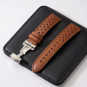 Perforated Leather Watch Strap, Racing Style Cowhide with Butterfly Clasp, Mens Sport Handmade, 18mm 20mm 22mm, Dad Gift image 11