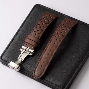Perforated Leather Watch Strap, Racing Style Cowhide Band, Butterfly Clasp, Mens Sport Replacement, 18mm 20mm 22mm, Dad Gift image 11