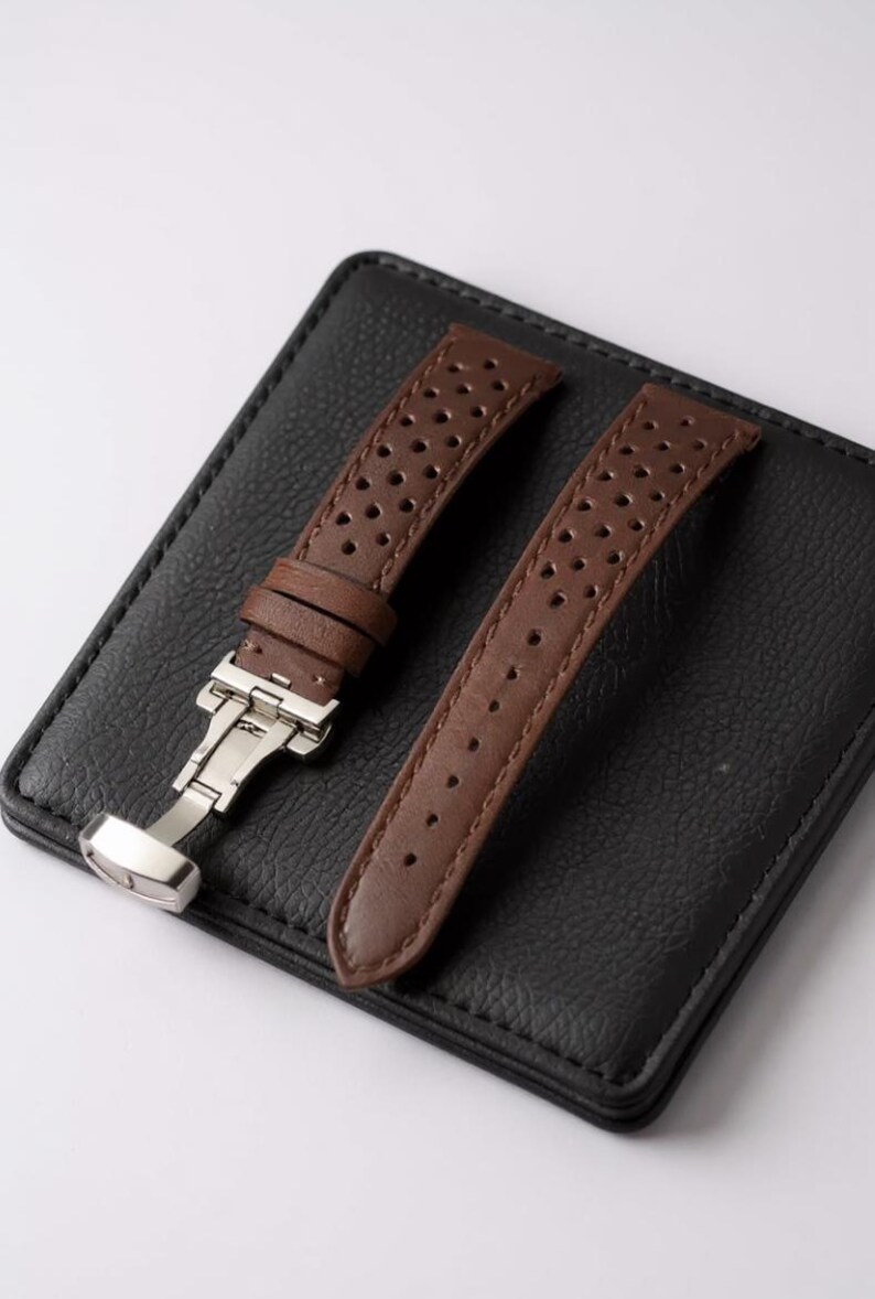 Perforated Leather Watch Strap, Racing Style Cowhide Band, Butterfly Clasp, Mens Sport Replacement, 18mm 20mm 22mm, Dad Gift image 11