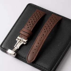Perforated Leather Watch Strap, Racing Style Cowhide with Butterfly Clasp, Mens Sport Handmade, 18mm 20mm 22mm, Dad Gift image 1