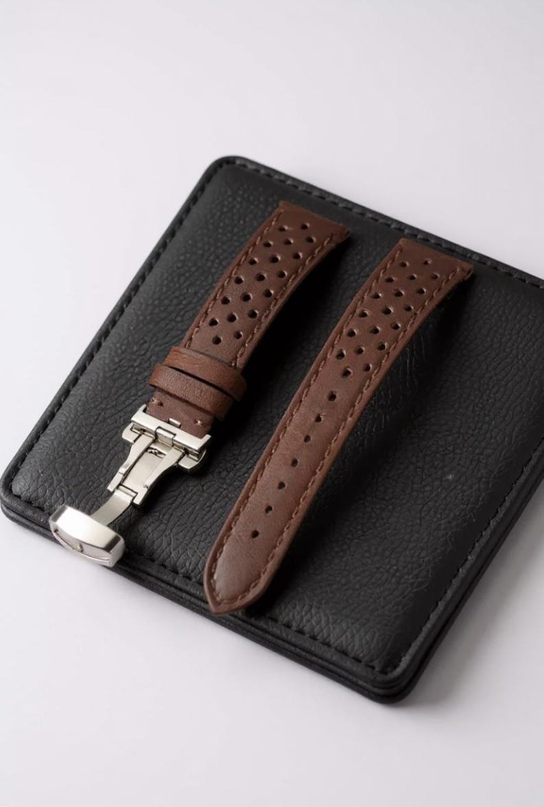 Perforated Leather Watch Strap, Racing Style Cowhide with Butterfly Clasp, Mens Sport Handmade, 18mm 20mm 22mm, Dad Gift image 1