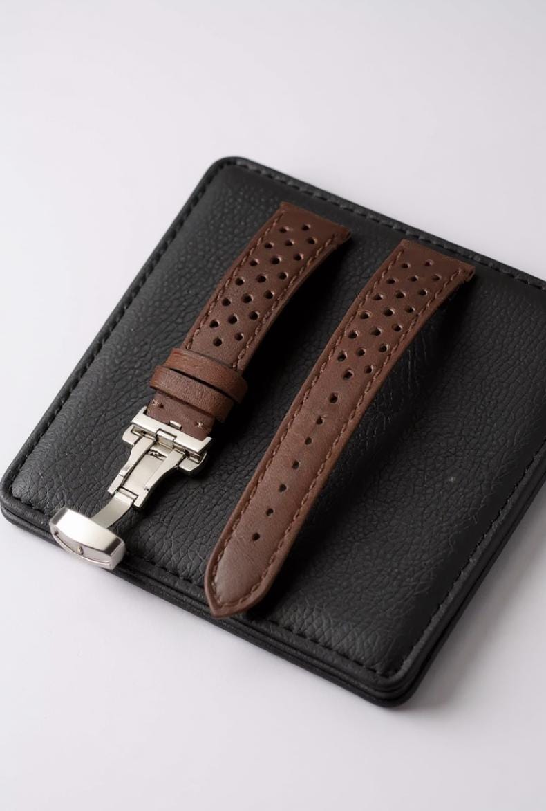 Perforated Leather Watch Strap, Racing Style Cowhide with Butterfly Clasp, Mens Sport Handmade, 18mm 20mm 22mm, Dad Gift