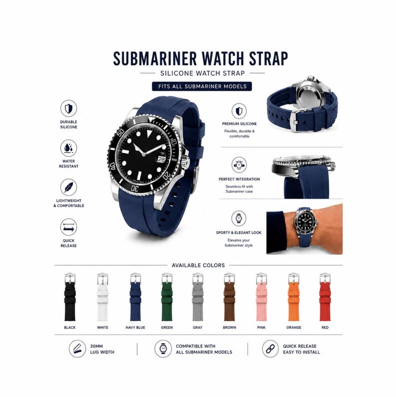 K&ouml;nnte beinhalten: Ein dunkelblaues Silikon-Uhrenarmband f&uuml;r Submariner-Modelle. Das Bild zeigt das Armband an einer Uhr, eine Ansicht der Schlie&szlig;e und ein Seitenprofil. Es listet Merkmale wie langlebig, wasserabweisend und 20mm Stegbreite f&uuml;r die Montage auf.