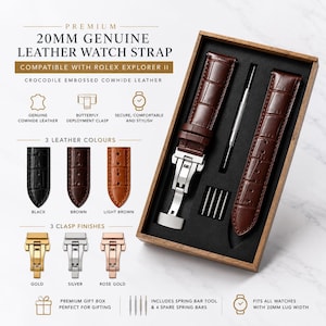 Könnte beinhalten: Ein 20 mm Uhrenarmband aus echtem, krokodilgeprägtem Rindsleder in Braun mit silberner Schmetterlingsfaltschließe, präsentiert in einer Holzgeschenkbox inklusive Federstegwerkzeug und vier Ersatzfederstegen für 20 mm Bandanstöße.