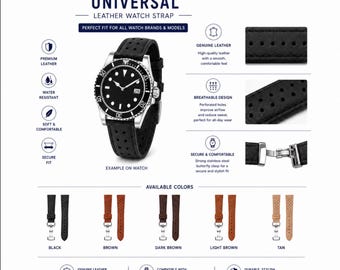 Könnte beinhalten: Ein universelles Leder-Uhrenarmband mit perforiertem Design für Atmungsaktivität und einer Schmetterlingsschließe aus Edelstahl. Die Grafik zeigt ein schwarzes Armband an einer Uhr, Nahaufnahmen der Textur und fünf Farboptionen: Schwarz, Braun, Dunkelbraun, Hellbraun und Hellbeige.