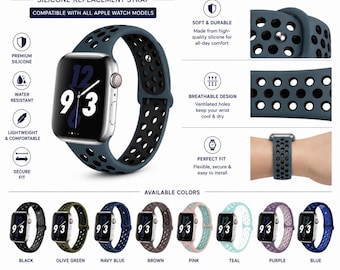 May include: A silicone replacement sport band for Apple Watch featuring a breathable design with ventilated holes. The strap is available in black, olive green, navy blue, brown, pink, teal, purple, and blue. It is compatible with all Apple Watch models.