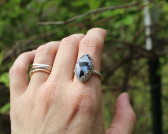 Dove // Rainbow Moonstone with Tourmaline Ring // Sterling  Silver // Hand Crafted // Artisan // Eco Friendly // Victorian Spring Collection