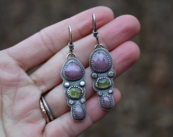 Otter Drops // Peridot and Ruby in Quartz Drop Earrings // Sterling Silver // Hand Crafted // Artisan // Eco Friendly