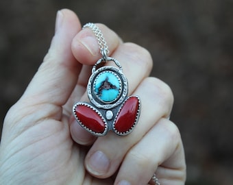 That 70's Vibe // Turquoise and Coral (Rescued) Sterling Silver Necklace // Hand Crafted // Artisan // Eco Friendly