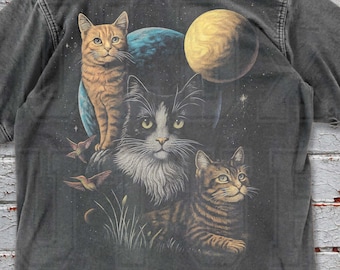 Vintage Space Cat Oversized Comfort Colors Shirt, Retro Y2K Galaxy Graphic Tee