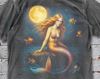 Camiseta vintage de sirena y luna con colores cómodos, camisa retro lavada de gran tamaño con diseño oceánico, regalo con gráficos de fantasía