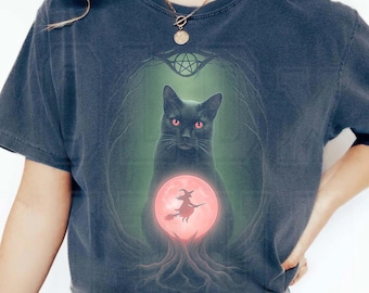 Witchy Black Cat Comfort Colors Tee: Gothic Moon Graphic Shirt