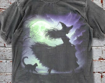 魔女猫ムーンシャツ コンフォートカラー オーバーサイズ ヴィンテージ ゴシック ハロウィン グランジTシャツ