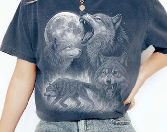 Vintage 90s Wolf Graphic Tee: Comfort Colors Retro Moon Shirt