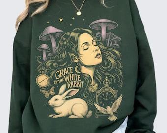 White Rabbit Wonderland Sweatshirt, Fantasy Mushroom Psychedelic Sweatshirt