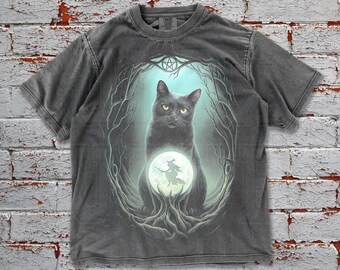 Witchy Black Cat Comfort Colors Tee: Gothic Moon Graphic Shirt