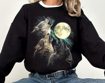 Three Wolves Moon Vintage 90s Style Sweatshirt, Retro Wolf Crewneck, Wolf Classic Graphic Sweater