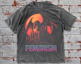 Feminism Dragon Oversized Comfort Colors Shirt, Vintage Gothic Fantasy Graphic Tee