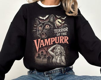 Retro Halloween Cat Sweatshirt, Vampurr Vampire Cat Horror Graphic Sweater