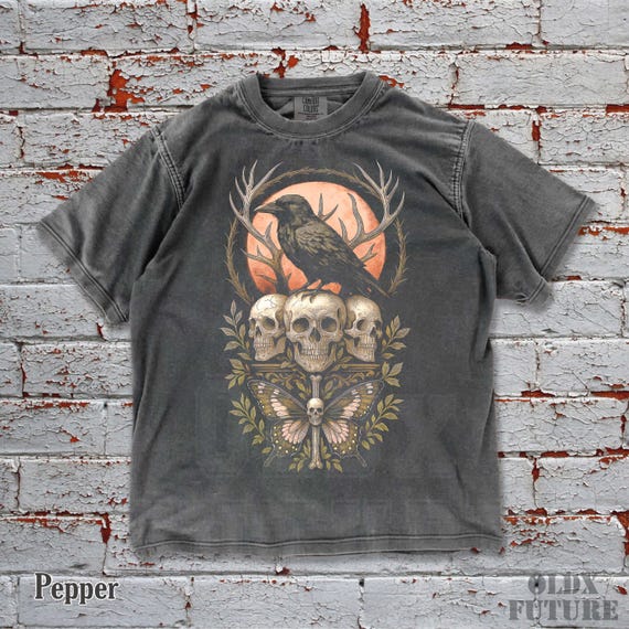 Dark Raven Skull Tee – Comfort Colors Oversized Gothic Graphic Shirt, Vintage Occult Moth Art Unisex T-Shirt
