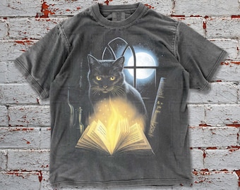 Witchy Black Cat Retro Graphic Tee Washed Oversize Shirt, Distressed Dark Grunge Tee