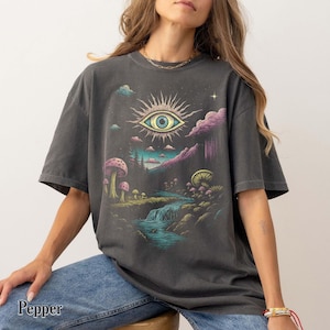 Surreal Cosmic Art Graphic Comfort Colors Tee, Fantasy Graphic Tee, Vintage Oversize Eye Forest Shirt, Psychedelic Mushroom Landscape Shirt