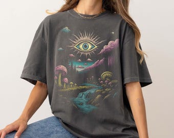 Surreal Cosmic Art Graphic Comfort Colors Tee, Fantasy Graphic Tee, Vintage Oversize Eye Forest Shirt, Psychedelic Mushroom Landscape Shirt