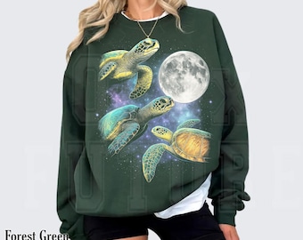 Sea Turtles Moon Vintage Sweatshirt – Retro Ocean Graphic Pullover, Oversized Cosmic Tee