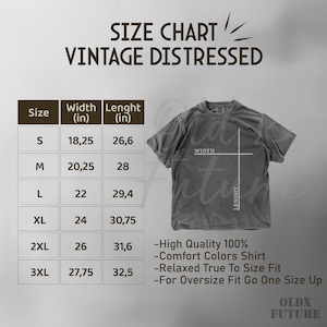 Vintage distressed size chart for oversized Comfort Colors shirt, retro baggy fit, S–3XL cotton tee measurements, perfect Y2K vintage gift for him her.