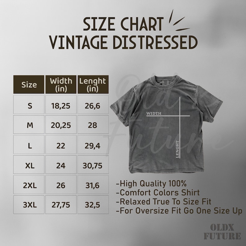 Vintage distressed size chart for oversized Comfort Colors shirt, retro baggy fit, S–3XL cotton tee measurements, perfect Y2K vintage gift for him her.