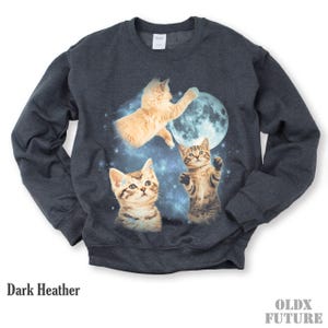May include: Dark heather gray sweatshirt featuring a whimsical design of three cats in space with a full moon. The cats are various shades of orange and brown, set against a blue and white starry background. The text "Dark Heather" is at the bottom.