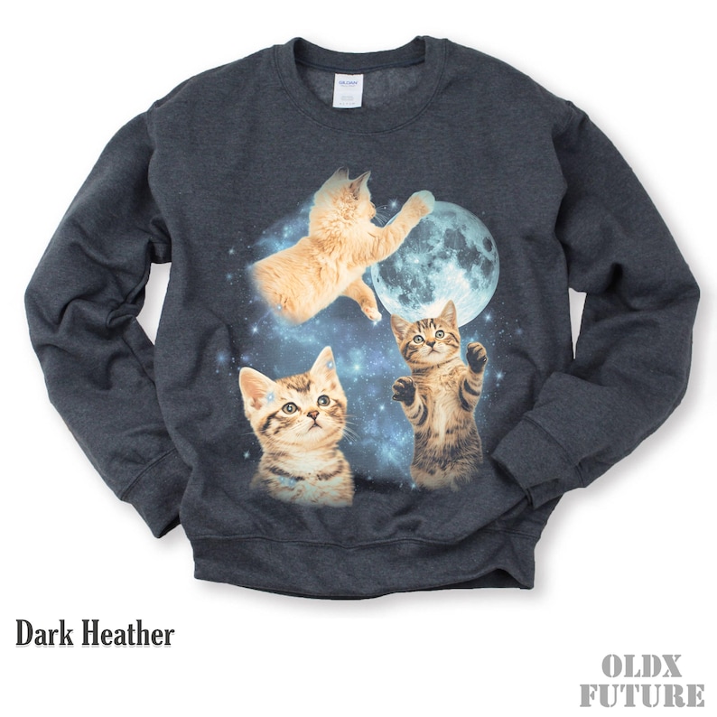 May include: Dark heather gray sweatshirt featuring a whimsical design of three cats in space with a full moon. The cats are various shades of orange and brown, set against a blue and white starry background. The text "Dark Heather" is at the bottom.